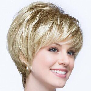 Short Blonde Wig Layered Mixed Blond Pixie Cut Wig with Bangs Synthetic